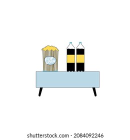 Vector cartoon flat popcorn bag and soda bottles on table isolated on empty background-fast food diet and healthy eating concept,web site banner ad design