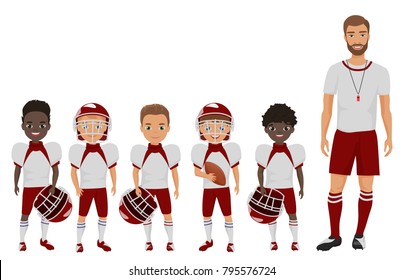 Vector Cartoon Flat School American Football Boys Team Standing With Their Coach Trainer.