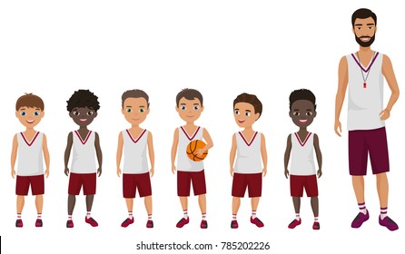 Vector Cartoon Flat School Boys Basketball Kids Team Standing With Their Coach Trainer.