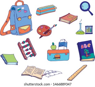 Vector cartoon flat school study objects collection set cute back to school sign learning