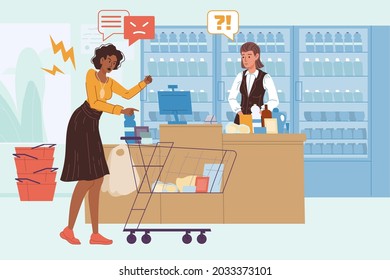 Vector Cartoon Flat Seller And Angry Customer Characters Quarreling In Grocery Store.Anger Management,purchase Return,work With Client Objections,service Quality Concept,web Site Banner Ad Design