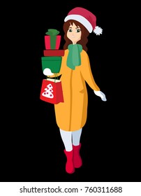 Vector cartoon flat shopping girl in santa hat and lettering christmas sale
