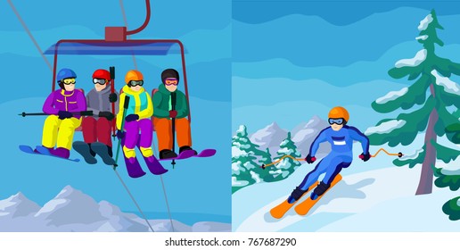 Vector cartoon flat ski resort illustrations with alpine skiers in mountains ski lift sportsman and fir tree with snow