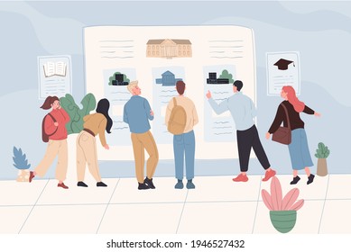 Vector cartoon flat student characters boys girls at institute,college bulletin board.Young people teenager students examine information about educational institutions on announcements billboard