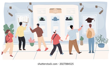 Vector cartoon flat student characters boys girls at institute,college bulletin board.Young people teenager students examine information about educational institutions on announcements billboard