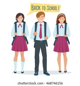 Vector cartoon flat students boy and girl in school uniform stand with a school bag