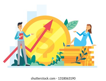Vector cartoon flat style finance business growing illustration with cute characters