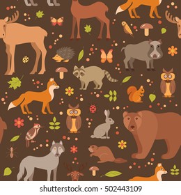 Vector cartoon flat style forest animals seamless pattern colorful background. Zoo collection of fox, wolf, bear, moose, hedgehog, reindeer, owl, boar, raccoon, woodpecker, hare. 