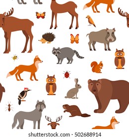 Vector cartoon flat style forest animals seamless pattern colorful background. Zoo collection of fox, wolf, bear, moose, hedgehog, reindeer, owl, boar, raccoon, woodpecker, hare. 