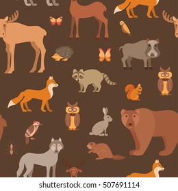 Vector cartoon flat style forest animals seamless pattern colorful background. Zoo collection of fox, wolf, bear, moose, hedgehog, reindeer, owl, boar, raccoon, woodpecker, hare. 