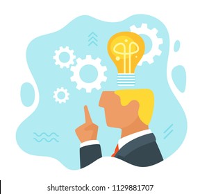 Vector cartoon flat style illustration of man having an idea. Light bulb and gears over the head. Minimalism design. Creative process concept.