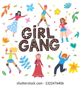 Vector cartoon flat style illustration with different girls woman with girl gang feminism slogan phrase. T-shirt poster card pront design diversity concept