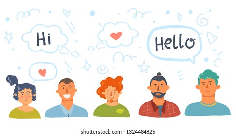 Vector cartoon flat style illustration of diversity different poeople portrait avatars with conversation talking. Communication design concept.