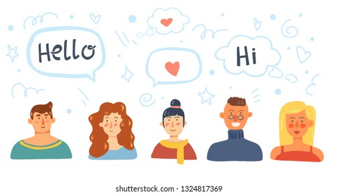 Vector cartoon flat style illustration of diversity different poeople portrait avatars with conversation talking. Communication design concept.