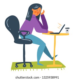 Vector cartoon flat style illustration of studying girl doing freelance work. Student with laptop at the workplace desk.