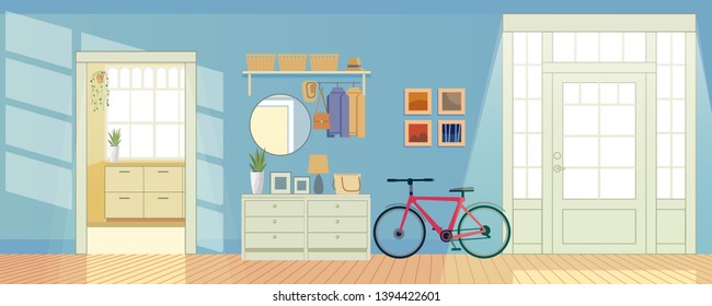 Vector cartoon, flat style illustration of interior of bright hallway home.