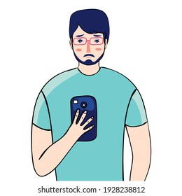 Vector cartoon flat style illustration a boy writes a message.