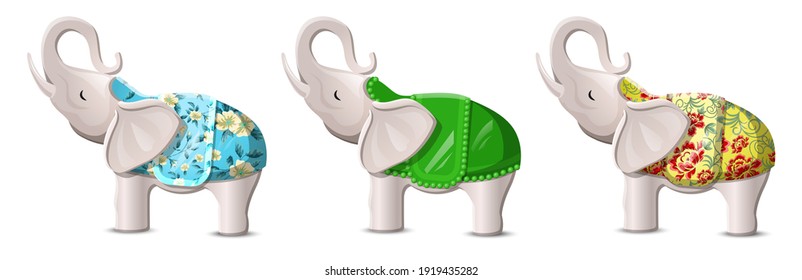Vektor Cartoon flach-Stil glückliche Elefanten mit hochgehobenen Stämmen. Einzeln auf weißem Hintergrund - Illustration.