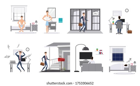 vector cartoon flat style of man day in life, office work or work from home. Day routine infographic.