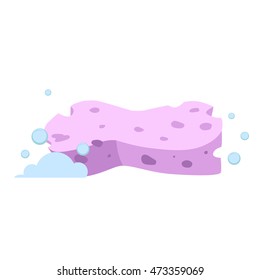 Vector cartoon flat style pink sponge vector icon. Blue bubbles. Stylized bath and kitchen clearing accessories isolated on white background.