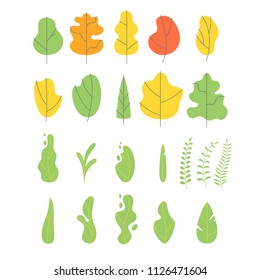 Vector cartoon flat style set of floral trendy simple elements: trees and leaves. Minimalism design. White background.
