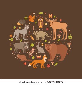 Vector cartoon flat style set of forest animals designed in circle. Zoo collection of fox, wolf, bear, moose, hedgehog, reindeer, owl, boar, raccoon, woodpecker, hare.  All elements are isolated.