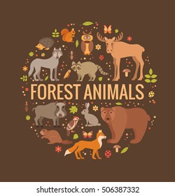 Vector cartoon flat style set of forest animals designed in circle. Zoo collection of fox, wolf, bear, moose, hedgehog, reindeer, owl, boar, raccoon, woodpecker, hare.  All elements are isolated.