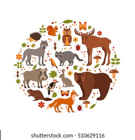 Vector cartoon flat style set of forest animals designed in circle. Zoo collection of fox, wolf, bear, moose, hedgehog, reindeer, owl, boar, raccoon, woodpecker, hare.  All elements are isolated.