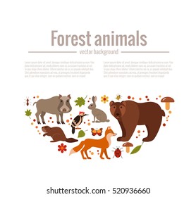 Vector cartoon flat style set of forest animals poster template. Zoo collection of fox, wolf, bear, moose, hedgehog, reindeer, owl, boar, raccoon, woodpecker, hare.  All elements are isolated.