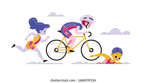 vector cartoon flat style triathlon illustration