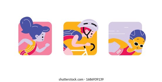 vector cartoon flat style triathlon icon set
