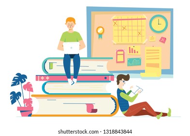 Vector cartoon flat style university study illustration. Online school course concept with characters