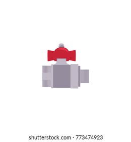 vector cartoon, flat style water valve with red fitting. Equipment for plumbing services, plumbing repairing. Isolated illustration on a white background.