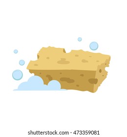 Vector cartoon flat style yellow rectangular sponge vector icon. Blue bubbles. Stylized bath and kitchen clearing accessories isolated on white background.