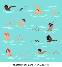 Vector cartoon flat summer seamless pattern with people swimming in the sea or pool. Swimmers in water.