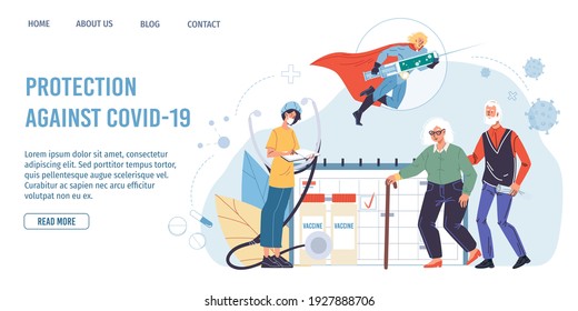 Vector cartoon flat superhero character carries coronavirus vaccine,doctor talk with elderly patient-covid prevention,protection,pandemic viral infection vaccination,medical landing page concept