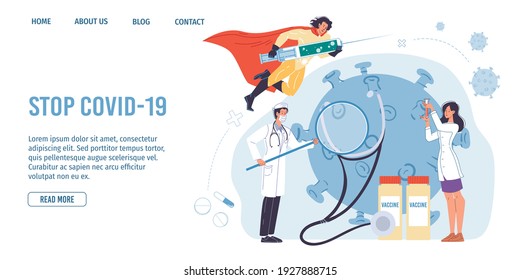 Vector cartoon flat superhero character carries coronavirus vaccine syringe,doctors examine huge covid virus-prevention,protection,pandemic viral infection vaccination,medical landing page concept