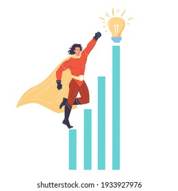 Vector cartoon flat superhero character flies up above growth chart-metaphor of successful business,goal achievment,investments income-mass pop culture,aspiration,power,confidence design concept