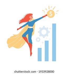 Vector cartoon flat superhero character flies up above growth chart-metaphor of successful business,goal achievment,investments income-mass pop culture,aspiration,power,confidence design concept