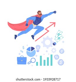 Vector cartoon flat superhero character flies up above growth chart-metaphor of successful business,goal achievment,investments income-mass pop culture,aspiration,power,confidence design concept