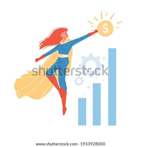 Vector cartoon flat superhero character flies up above growth chart-metaphor of successful business,goal achievment,investments income-mass pop culture,aspiration,power,confidence design concept