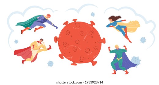 Vector cartoon flat superhero characters fight coronavirus,protecting people - covid prevention,protection vs pandemic viral disease infection,medical treatment therapy social concept