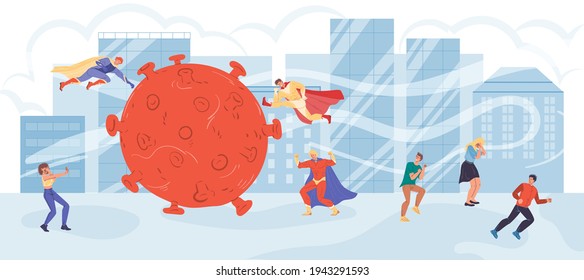 Vector cartoon flat superhero characters fight coronavirus,protecting people - covid prevention,protection vs pandemic viral infection medical social concept