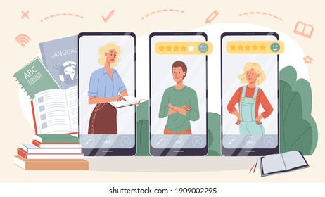 Vector cartoon flat teacher and pupils,students characters study language,do the test on screen mobile phone devices-distance online education concept, various school supplies,symbols,images
