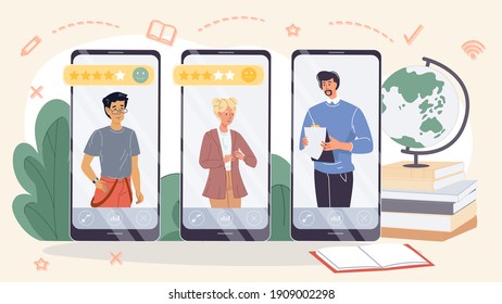 Vector cartoon flat teacher and pupils,students characters study geography,do the test on screen mobile phone devices-distance online education concept,various school supplies,symbols,images