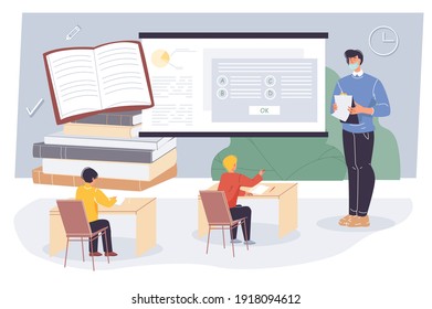 Vector cartoon flat teacher and pupils,students characters do the test exam in class - offline online education concept with various school supplies,symbols,images