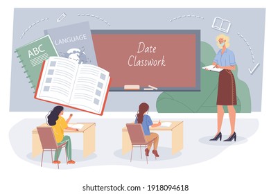 Vector cartoon flat teacher and pupils,students characters study language in class - offline online education concept with various school supplies,symbols,images