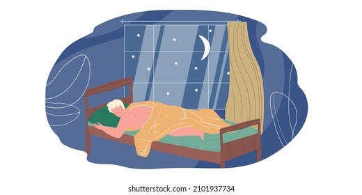 Vektor Cartoon flach müde Charakter schlafen in Komfort Bett-gesunden Lifestyle, menschliche Physiologie, Ruhestand und Relaxation Prinzipien Konzept, Website-Banner und Design