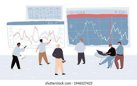 Vector cartoon flat trading businessman characters at work.Financial analysts traders looking at billboard screens,examining,analyzing,discussing charts,market quotes,stock prices,indexes