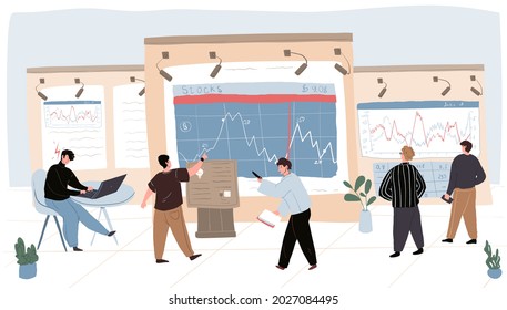 Caricatura vectorial personajes de negocios de comercio plano en el trabajo. Analistas financieros comerciantes mirando pantallas de carteles, examinando, analizando, discutiendo cartas, cotizaciones de mercado, precios de acciones, índices
